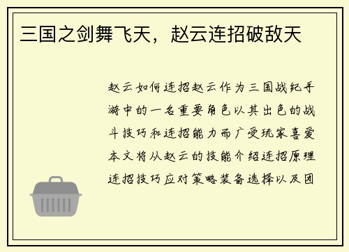 三国之剑舞飞天，赵云连招破敌天